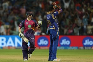Rising Pune Supergiant captain Steven Smiths celebrates the win during match 2 of the Vivo 2017 Indian Premier League between the Rising Pune Supergiants and the Mumbai Indians held at the MCA Pune International Cricket Stadium in Pune, India on the 6th April 2017 Photo by Ron Gaunt - IPL - Sportzpics